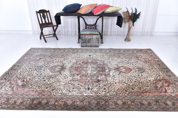 Antique Vintage Turkish Rug, 6x10 Red-Brown & Beige Rug, 6x10 Oversize Extra Large Area Rug, Soft Wool Handmade Rug, Aesthetic Oriental Rug,