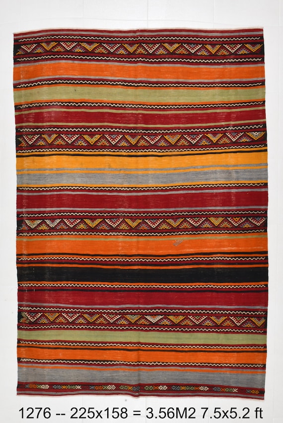 5x7 Area Rug, 5x7 MODERN STRIPED KILIM Rug, 5x7, Vintage Kilim Rug, Wool Handmade Oushak, Green & Orange Kilim, Kilim Rug 5x7, Anatolian