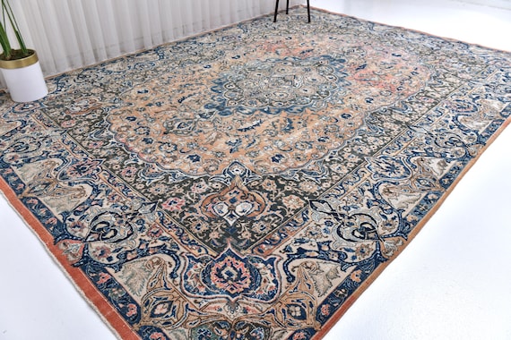 9x13 Unique Unique Area Rug, Blue, Peach Color Rug, 9x13 Luxury Rug, Large Area Rug, 9x13 Rug, Traditional Rug, Large Decorative Rug