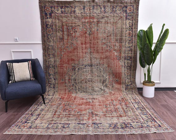 7x11 Vintage Handmade Medallion Faded Traditional Rug, Blue Burgundy Color