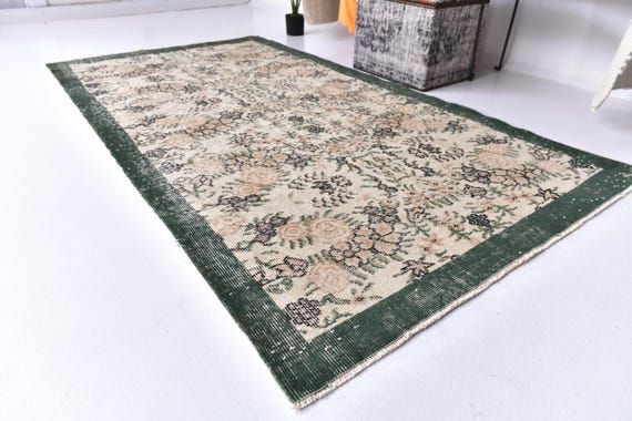 4x7 Vintage Green Border Area Rug, 4x7 Distressed Floral Persian Style Carpet, Beige Cream Living Room Bedroom Decor, 4x7 Botanical Design