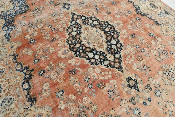 10x14 Rugs, 10x14 Peach Navy Blue Persian Rug, Oversize Persian Rug, Large Area Rug, 10x14 Area Rug, Oriental Antique Style, Rug For Palace