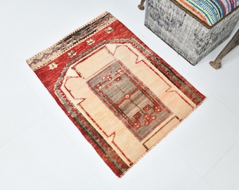 2x3 Vintage Doormat Rug, Traditional Bath Decor, 2x3 Distressed Rug, Handmade Home Decor, Red Beige Rug, 2x3 Accent Rug