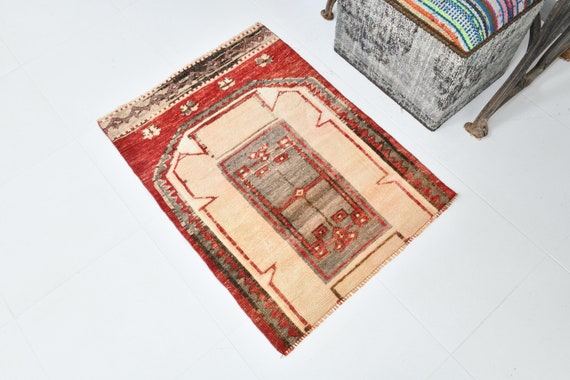 2x3 Vintage Doormat Rug, Traditional Bath Decor, 2x3 Distressed Rug, Handmade Home Decor, Red Beige Rug, 2x3 Accent Rug