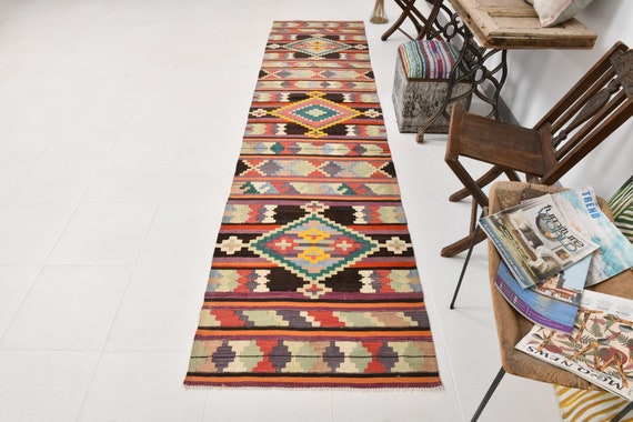 3x12 Runner Rug, 3x12 STRİPED VİNTAGE RUNNER, 3x12, Kilim Runner, Handmade Vintage Rug, Vintage Runner 3x12, Red & Brown Rug, Luxury Carpet