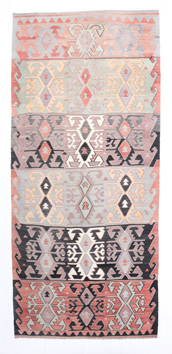 5x11 Area Rug, 5x11 Tribal Kilim, 5x11 Long Wide Vintage Kilim Rug, 5x11, Oushak Handmade Kilim, Black & Light Blue Kilim, Antique 58s
