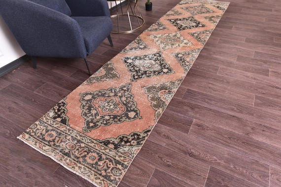 3x13 Vintage Long Runner Rug, Salmon Black Color, 3x13Handmade Runner Rug, Medallion Rug, 3x13 Kithcen Runner, 3x13 Hallway Runner Rug