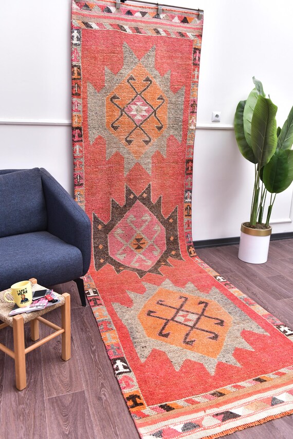 3x12 Handmade Vintage Wool Runner Rug, Rug For Hallway Kithcen, Red Taupe Color, Oriental Runner