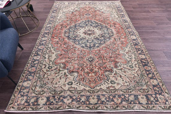 5x8 Vintage Faded Handmade Turkish Medallion Area Rug, Living Room Bedroom Rug