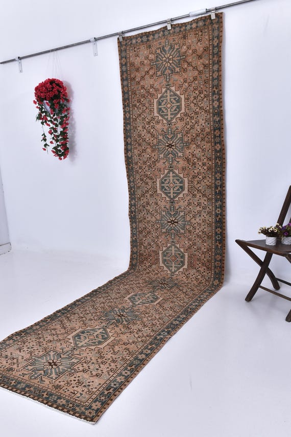 3x13 Persian Runner, 3x13 Teal Green Brown Persian Runner Rug, 3x13 Rug, Wool Hand-Knotted Rug, 3x13 Rugs, Persian Runner 3x13, Hallway Rug