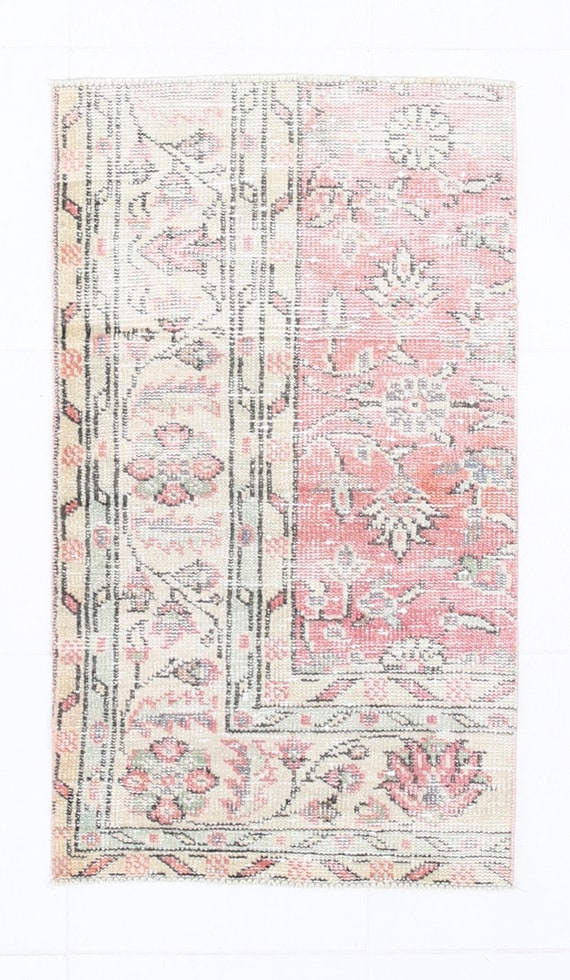 2x3 OUSHAK RUG, 2x3 Small Oushak Rug, 2x3 Green Door Mat, Handmade Wool Rug, Green Brown Beige, Turkey Rug, Faded Color, Scandinavian Style