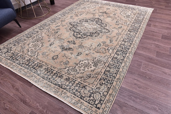 6x9 Antique Turkish Rug, Hand-Knotted  Rug, 6x9  Living Room Bedroom Rug, Salmon Black Color, 6x9 Persian Medallion Rug, 6x9 Area Rug