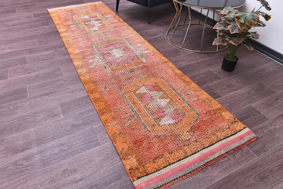 3x10 Vintage Peach Runnner Rug, 3x10 Handmade Wool, 3x10 Peach Cream Color, 3x10 Hallway Runner Rug, 3x10 Kithcen Runner Rug, Tribal Rug