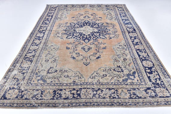 7x11 Area Rug, 7x11 Oversize Vintage Oushak Rug, Oversize Rug, Large Area Rug, Handmade Vintage Rug, 7x11 Area Rug, Faded Yellow Blue, 7x11