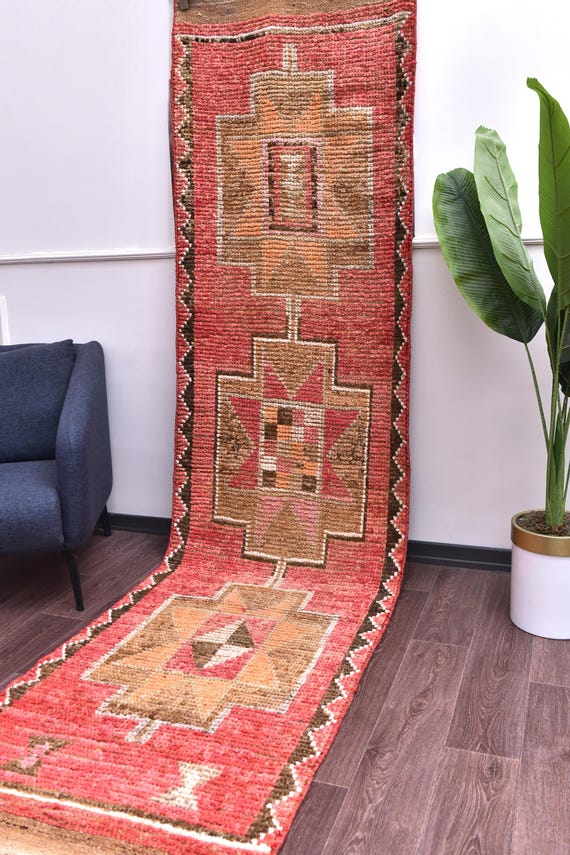 3x11 Handmade Vintage Red Runner Rug, Handmade Soft Wool, Traditional Design