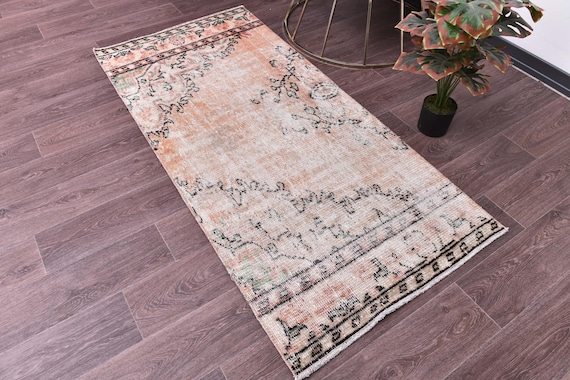2x5 Vintage Small Runner Rug, 2x5 Pastel Color Rug, 2x5 Rug, Handwoven Wool Rug, 2x5 Hallway Rug, 2x5 Turkish Runner, Cream Pink Color Rug
