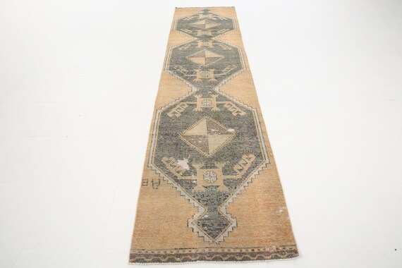 3x11 Turkish Vintage Runner Rug, Shades Of Light Mustard Gray, Extra Long Hallway Runners, Oriental & Geometric Style, Rug For Entrway Rugs