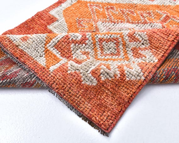 2x4 Orange Beige Doormat Rug, 2x4 Doormat Rug, 2x4 Rug, Hand-Knotted Wool Rug, 2x4 Area Rug, 2x4 Vintage Doormat Rug, Bedroom Accent Rug