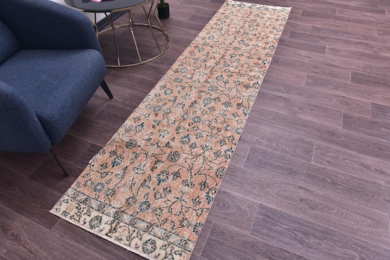 2x8 Vintage Peach Runner Rug, 2x8 Handmade Wool Rug, Peach Blue Color, 2x8 Hallway Runner Rug, Traditional Floral Rug, 2x8 Runner Rug