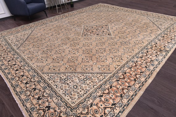 9x12 Antique Persian Area Rug, Brown, Blue, Peach Color Rug, 9x12 Handmade Wool Rug, Large Area Rug, 9x12 Rug, Traditional Tabriz Wool Rug,