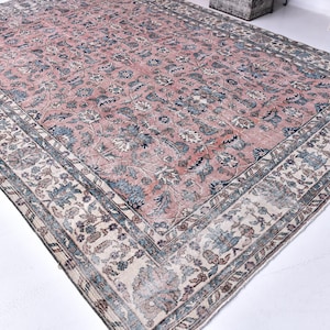 8x11 Rug, 8x11 Persian Rug, 8x111 PASTEL VINTAGE PERSIAN Rug, 8x11 Area Rug, Blue & Pale Pink Persian Rug, Floral Style, Living Room Rug 55s