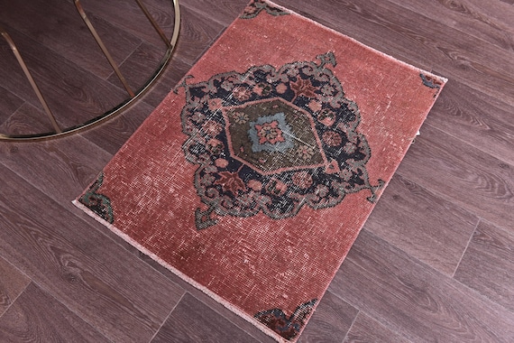 2x2 Vintage Square Doormat Rug, Salmon Blue Color, 2x2 Doormat Rug, 2x2 Rug, 2x2 Vintage Rug, Bedroom Rug, Accent Rug, Antique Rug