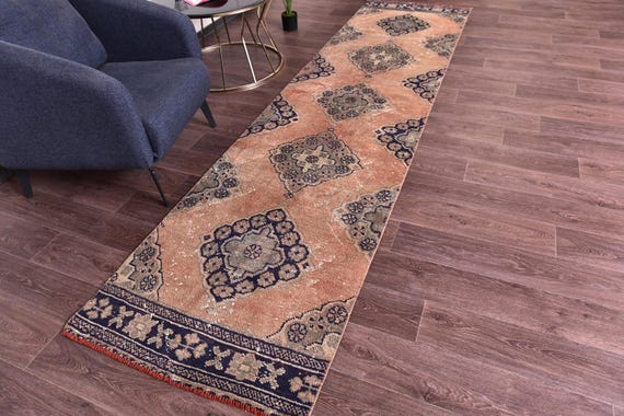 3x11 Vintage Handmade Stair Soft Runner Rug, Terracotta Navy Blue Color