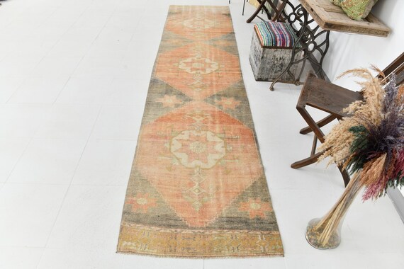 3x12 Runner Rug, 3x12 PERSIAN VINTAGE RUNNER Rug, 3x12, Persian Runner 3x12, Wool Handmade Oushak, 3x12 Rugs, Pale Red Brown, Rug For Hall