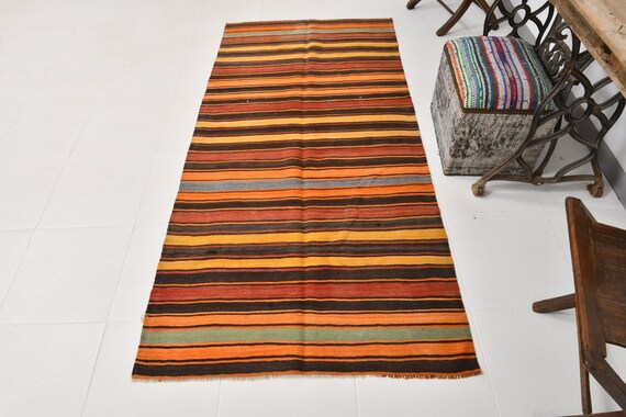 3x7 Rugs, 3x7 Kilim Runner, 3x7 VINTAGE KILIM RUNNER, 3x7, Turkish Runner, Wool Handmade Oushak, Oriental & Tribal Kilim, Red Orange Kilim