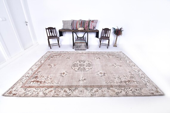 7x10 Brown & Beige Soft Vintage Rug, 7x10 Vintage Rug, 7x10, Wool Handmade Turkish, 7x10 Rug, 7x10 Turkish Rug, Aesthetic Living Room Tapis