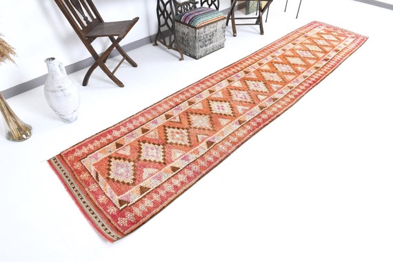 3x12 Turkish Vintage Runner Rug, Handmade Wool Oushak Runner, 3x12 Runner Rug, Chic Farmhouse Rug, Floral Hallway Kitchen Rug, Runner ,