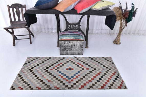 Antique Vintage Turkish Runner, 2x5 Multicolored Geometric Tribal Doormat Rug Shades Of Red Blue & Pink, Oushak Handmade Wool Boho Style Rug