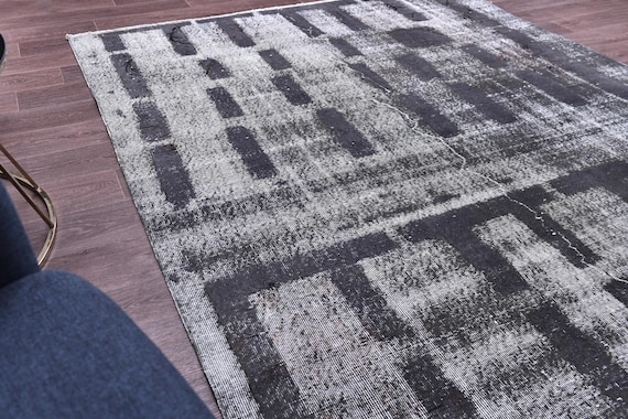 6x9 Vintage Overdyed Turkish Rug, Handmade Wool Rug, 6x9 Gray Color, Striped Patterned Rug, Farmhouse Rug, 6x9 Living Room Rug