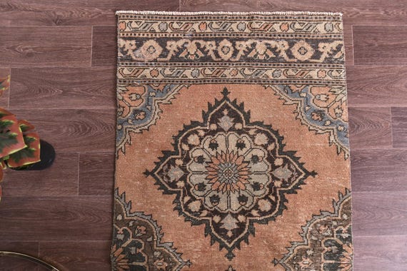3x13 Vintage Long Runner Rug, 3x13 Hallway Rug, Peach Blue Black Color, 3x13Handmade Runner Rug, Medallion Rug, 3x13 Kithcen Runner 3x13 Rug