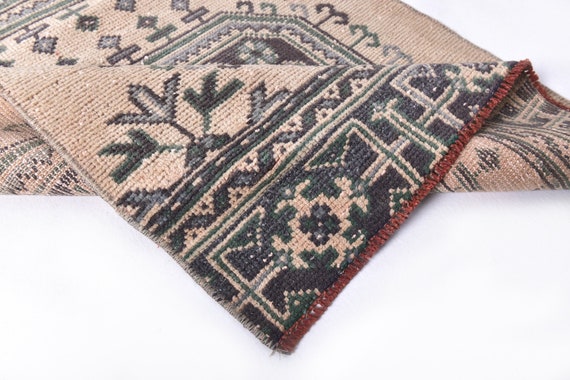 2x10 VINTAGE RUNNER, 2x10 Turkish Vintage Retro Style Runners 2x10 Rugs Rugged Handmade Wool Rug 2x10 Turkish Runner Tan Beige Runner 58s