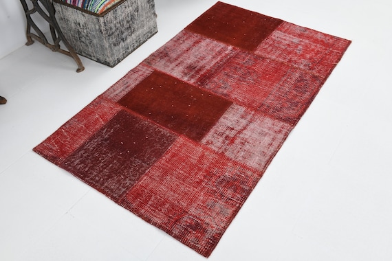 3x6 red small patchwork Area Rug,3x6 patchwork Chess Vintage,3x6 Red Turkish Vintage Rug,Handmade Wool Rug,Shades Of red wine patchwork rug,