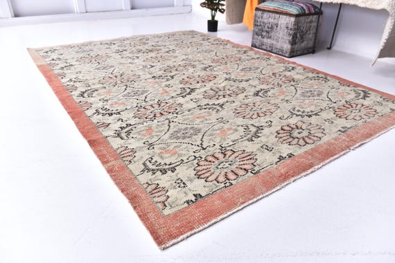 6x8 Vintage Turkish Oushak Style Rug, 6x8 Distressed Floral Pattern Area Rug, Neutral Beige Pink Living Room Decor, 6x8 Area Rug, Wool Rug