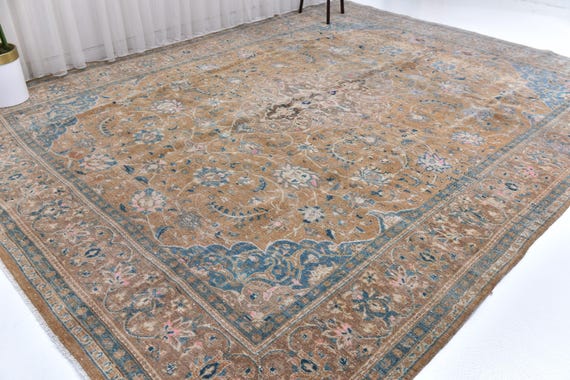 9x12 Vintage Persian Area Rug, Camel, Blue Color Rug, 9x12 Handmade Luxury Rug, Traditional Oriental Rug, 9x12Antique Design Large Area Rug