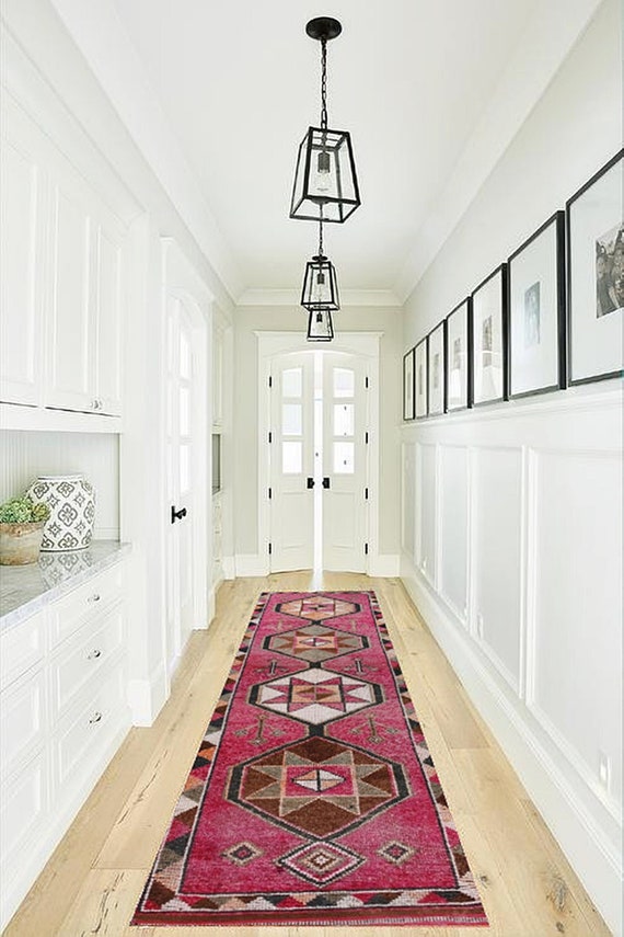 3x12 Runner Rug, 3x12 Herki Runner, 3x12 Pink Turkish Vintage Runner Rug, Long Handmade Kitchen, 3x12 Rugs, Pink Runner Rug, Rug For Hallway