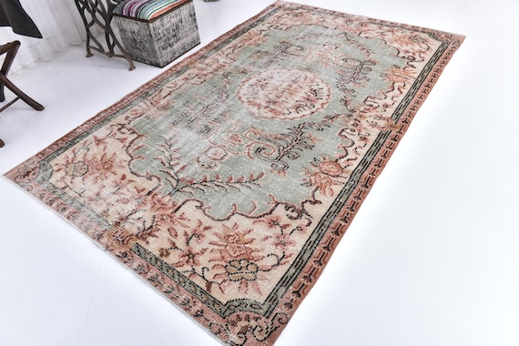 5x9 Vintage Salmon Faded Rug, Handmade Wool Rug, 5x9 Salmon Green Cream Color, 5x9 Farmhouse Rug, 5x9 Living Room Bedroom Rug, Medallion Rug