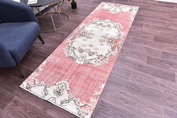 3x8 Vintage Medallion Runner Rug, Pink Cream Color, 3x8 Handmade Wool Runner Rug, 3x8 Elegant Runner, 3x8 Hallway Rug, 3x8 Kithcen Rug,