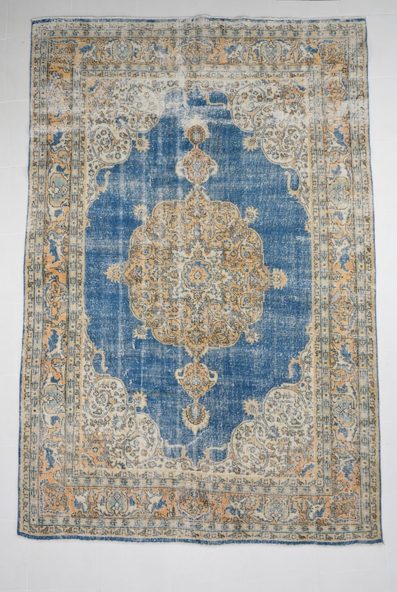 7x10 Rug 7x10 TURKİSH VİNTAGE RUG Blue and Beige Vintage Rug 7x10 Handmade Wool Rug 7x10 Turkish Rug Turkey Vintage Rug Oversize Vintage Rug