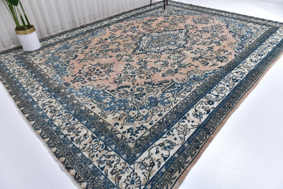 10x13 Oversize Persian Area Rug, Blue, Salmon Color Rug, 10x13 Luxury Rug, Large Area Rug, 10x13 Rug, Traditional Rug, Large Unique Rug