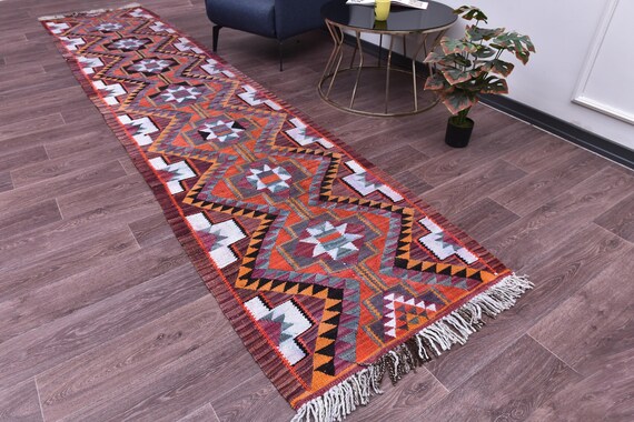 3x14 Kilim Runner Rug, 3x14 Vintage Runner, 3x14 GEOMETRIC RUNNER RUG, 3x14 Wool Handwoven Rug, Red Purple Color, 3x12 Turkish Kilim Runner