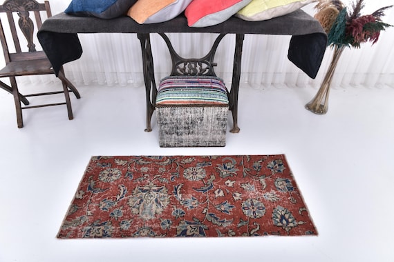 2x4 Area Rug, 2x4 Kilim Rug, 2x4 Red Blue Rug, 2x4, Wool Handwoven Doormat, 2x4 Doormat Rug,Floral Style, Rug For Outdoor, 2x4 Bath Mat