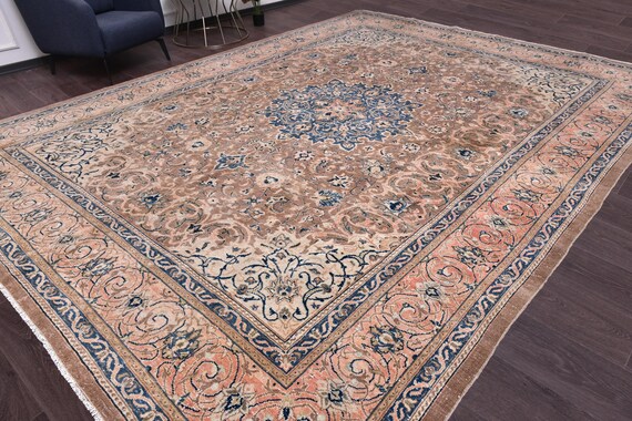 10x13 Antique Persian Tabriz Rug, Navy Blue, Salmon, Brown Color, 10x13 Handwoven Area Rug, 10x13 Oriental Rug, 10x13 Large Area Rug,
