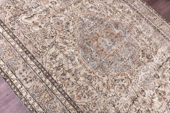 6x10 Faded Vintage Area Rug, Cream Brown Beige Color, Unique Style, Living Room Bedroom Rug, Handmade Floral Rug