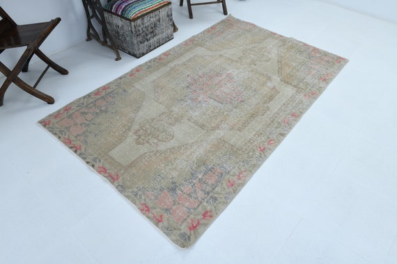 4x7 Area Rug, 4x7 FADED TURKISH VINTAGE Rug, 4x7, Faded Vintage Rug, Handmade Oushak Rug, 4x7 Area Rug, Authentic Retro, Living Room Office
