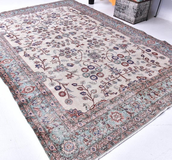 7x10 Antique Persian Area Rug, Tree of Life Design 7x10 Ivory Blue Large Rug 7x10 Traditional Oriental Rug, Floral Home Decor, 7x10 Area Rug