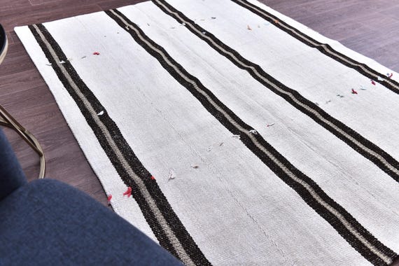 5x7 White & Black Hemp Rug, 5x7 Organic Handmade Vintage, Modern Stripped Style, 5x7 Area Rug, Rugs For Living Room Bedroom